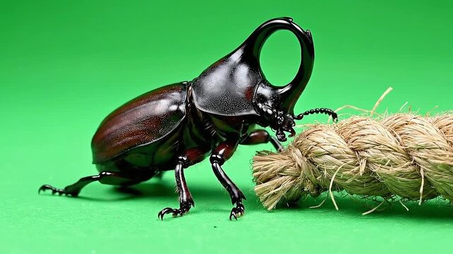 Rhinoceros Beetle with Dark Brown Body and Prominent Horns Isolated on Green Screen Background next to Brown Rope for Wildlife
