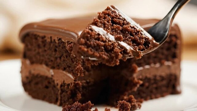 Rich Dark Chocolate Cake Slice Being Served with Spoon on Plate Close Up Macro Shot of Chocolate Cake Dessert Sweet Treat