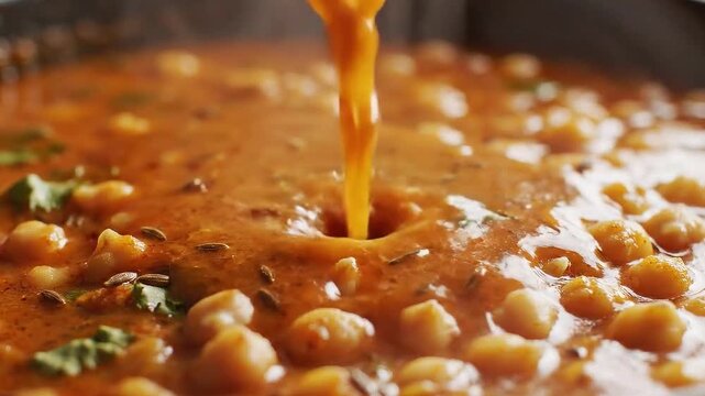 Rich spicy Indian chana masala chickpea curry close up with gravy being poured from ladle hot steaming savory vegetarian dish