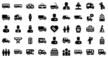 Collection of transportation and service-related icons in a clean vector format, offering a versatile set of graphics for various commercial and design purposes.