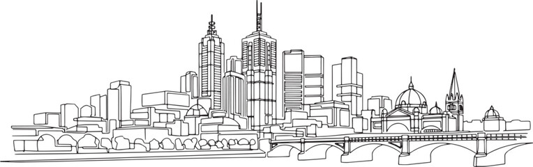 Obraz premium Minimal black single-line illustration of Melbourne skyline, isolated