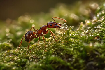 Fototapeta premium Close-up of a red ant standing on green moss with dewdrops, captured in natural lighting with a shallow depth of field.