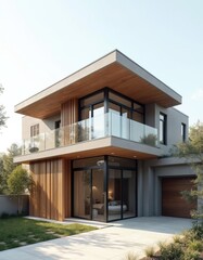 Modern two story house with wood accents and glass walls. Contemporary home design features large windows, balcony, and green lawn. Luxury residential building.