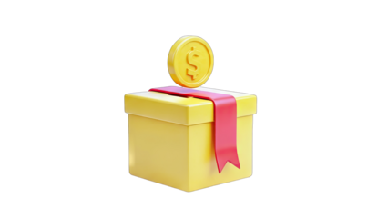 3D Yellow gift box with dollar coin and red ribbon on transparent background
