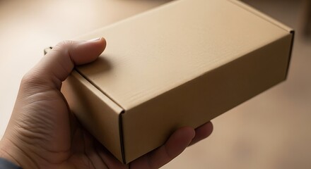 Unboxing experience concept, hand holding a closed cardboard package