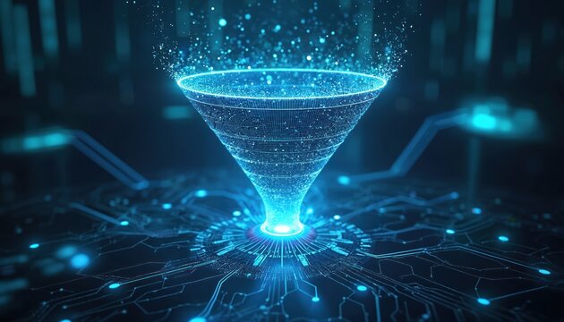 Blue digital funnel processes data stream from above. Abstract network lines spread out on circuit board. Abstract information flow, data mining concept. - Powered by Adobe