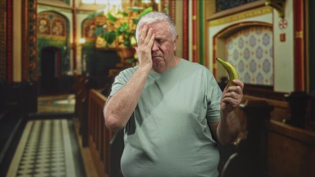 Man holding banana, hand to face in a facepalm gesture inside ornate church building by wooden pews and patterned aisle; embarrassment.