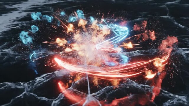 Dynamic abstract motion graphics representing extreme high speed trails of red and blue light streaking across a dark ice-like surface, signifying intense rivalry rivalry, art, abstract