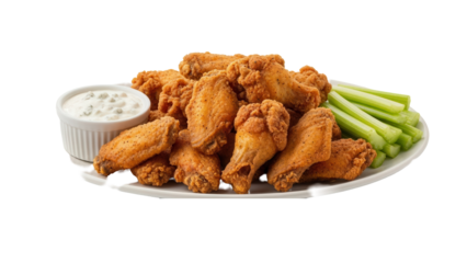 Fried chicken wings platter with blue cheese dip and celery sticks side isolated on white background