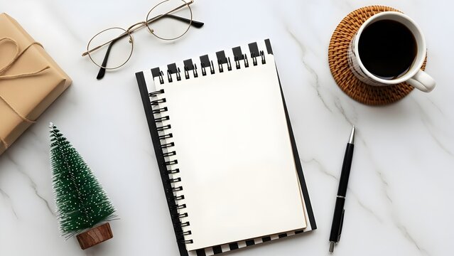 stylish desk setup featuring a blank notebook on top of striped paper, glasses, a cup of coffee, a small wrapped gift, wallpaper, seasonal decorations, perfect for holiday planning and creative work