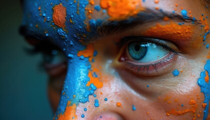 Close up of face with blue and orange paint splatters. Person stares intensely, showing creative passion with expressive blue eyes. Artistry and emotion conveyed.