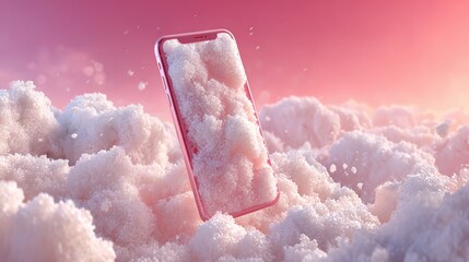 Abstract 3D model of a smartphone with exploding icons of shopping,Christmas day in winter season,gifts and christmas tree,santa,happy new year,discounts and digital payment solutions,pastel theme.