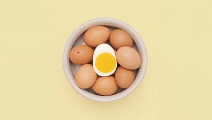 Minimalist top view of brown eggs in a bowl with one sliced egg showing bright yellow yolk on a pastel background