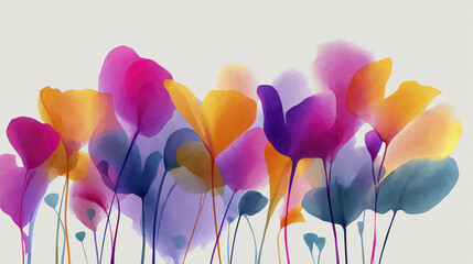 Bright Abstract Wildflowers Painted with Soft Watercolor Tones