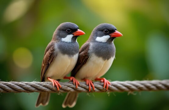 Two Java sparrows perch on a thick cord with bright orange beaks and feet. Their grey heads contrast with white cheek patches and creamy bodies. Green bokeh background highlights them.