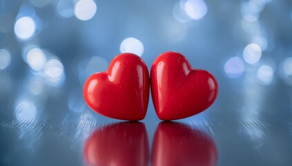 Two Glossy Red Hearts Reflecting on a Dark Surface with Soft Blue Bokeh Lighting Background for Valentine's Day