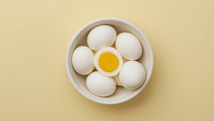 Top Down View of Hard Boiled Eggs Arranged in a White Ceramic Bowl with One Cut Open on a Soft Yellow Background