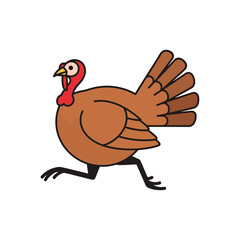 Cartoon turkey running with colorful plumage and simple black outline