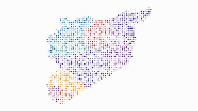 Syria animation. Shape of the country with pulsating colored dots. Small size circle blocks. Digital style map on white background. Artistic video.