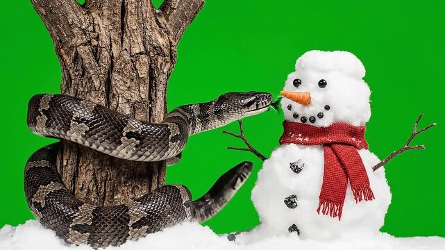Carpet Python Coiling Tree Next to Snowman with Red Scarf on Green Screen Background for Christmas Holiday Decor