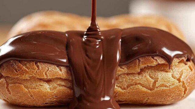 Chocolate Eclair Dessert on White Plate with Pouring Dark Chocolate in a Close Up Food Styled Still Life Image
