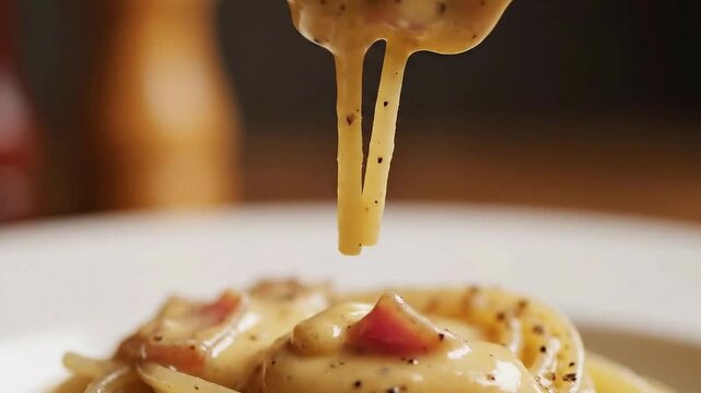 Close Up Creamy Carbonara with Speckled Pepper on a Fork over Spaghetti Bowl Gourmet Italian Food Culinary Delight Dinner
