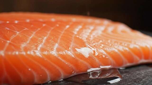 Close Up Fresh Salmon Fillet Food Preparation Ingredient Raw Fish Dark Background Orange Pink Color Tone Delicate Fine Texture