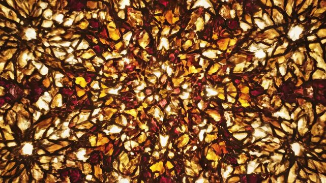 Dynamic animation of intricate abstract geometric mosaic patterns shifting and morphing in vibrant warm colors reminiscent of stylized architectural jali screens jali, screens, exotic