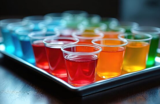 Multiple small plastic cups filled with colorful layered jelly shots sit on tray. Different shades of red, orange, yellow, blue, green liquids visible. Fun alcoholic drinks for party bar setting.