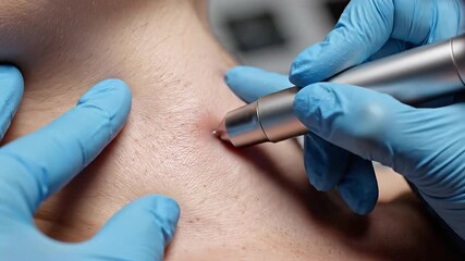 Close Up Medical Treatment on Neck Skin Mole Removal with Blue Gloves in a Clinic Setting for Beauty and Health Promotion 180