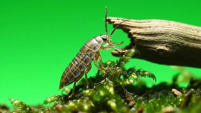 Close Up of A Springtail on Moss With Green Screen Background Isolated for Nature Concept