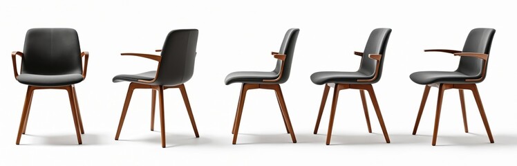 Modern grey armchair with wooden base shown from different angles on white studio background. Sleek minimalist seat design, stylish furniture for contemporary interior.