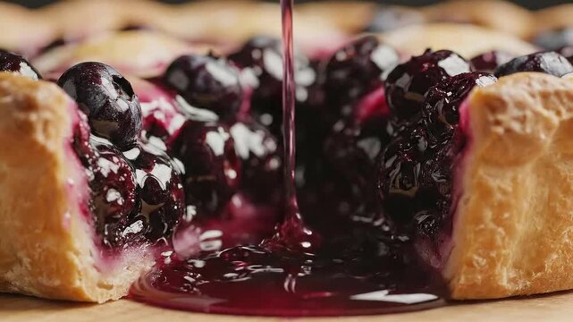 Close-Up of Blueberry Galette with Dripping Syrup Freshly Baked Crust and Fruit Filling Sweet Dessert Ready to Eat Culinary