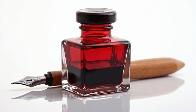 Red ink bottle and fountain pen rest on white reflective surface. Classic writing tool, artistic calligraphy element for antique writing and retro desk setup. - Powered by Adobe