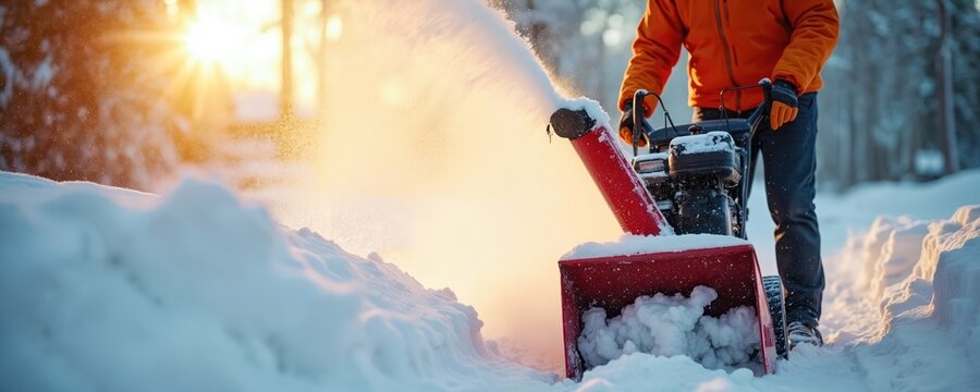 Man clears deep snow from path using red snow blower machine. Winter day sunlight shines brightly on snowy ground. Person works outdoors after heavy snowfall.