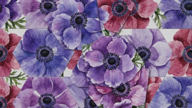 Dynamic array of stylized watercolor anemone flowers oscillating and shifting in a sophisticated, continuous geometric tile pattern background animation abstract, endless loop, decorative backdrop