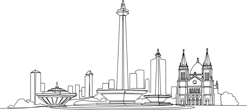 Minimal black single-line illustration of Jakarta skyline, isolated