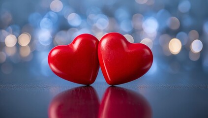 Two glossy red heart shapes symbols of love resting on a dark surface with a shimmering blue bokeh background for Valentine's Day or romantic themes