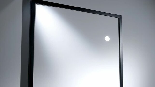 Dynamic artificial lighting shifts subtly across the surface of the pure white poster inside a sleek black frame mounted on a smooth wall clean, geometric, design