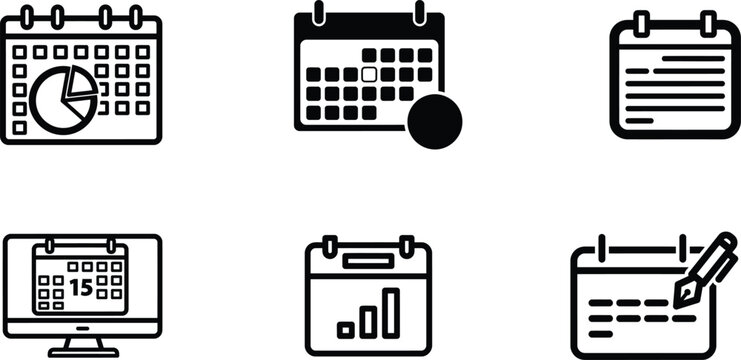 calendar icons with charts and graphs on computer screen and paper  business planning and organization