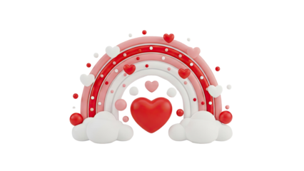 3D Valentines Day Rainbow with Hearts and Clouds on transparent background