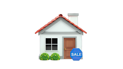 3D House with Sale Sign on transparent background