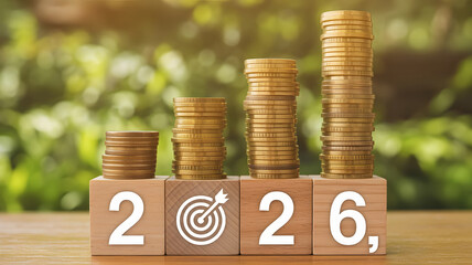 A visual representation of financial growth and investment success is displayed with stacked coins and wooden blocks labeled 2026 signifying progress high-quality professional detailed modern