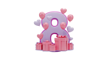 3D Number 8 with Gifts and Balloons on transparent background