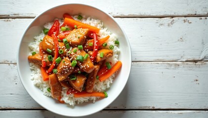 Sweet and sour pulled chicken with carrot and red bell pepper on rice. Garnished with sesame seeds and green onion, served in white bowl. Asian dish prepared for meal. Delicious, healthy cuisine.