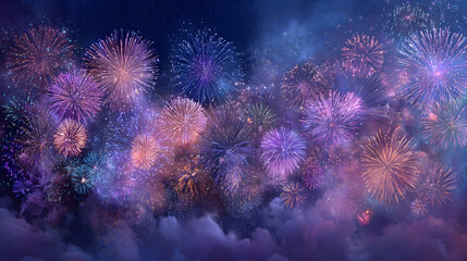 Silvester 2026, new year, new year's eve, party, new years eve background banner panorama long- purple firework fireworks display on dark blue night sky