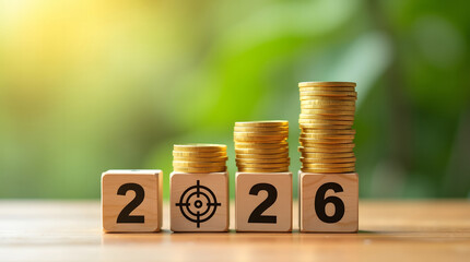 A visual representation of financial growth and investment targets for the years 2026 depicted with stacks of coins and wooden blocks high-quality professional