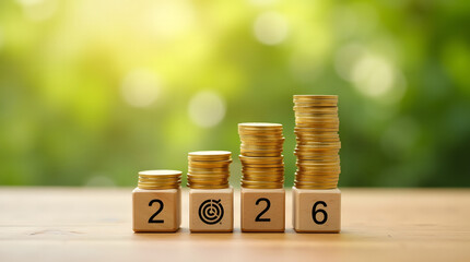 A visual representation of increasing financial growth depicted by stacked golden coins on wooden blocks with years 2026 displayed high-quality professional detailed modern