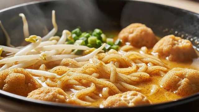 Close-Up of Steaming Fish Ball Noodles in Broth Topped with Bean Sprouts and Chopped Scallions Served in Black Bowl