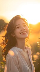 a happy woman at dusk